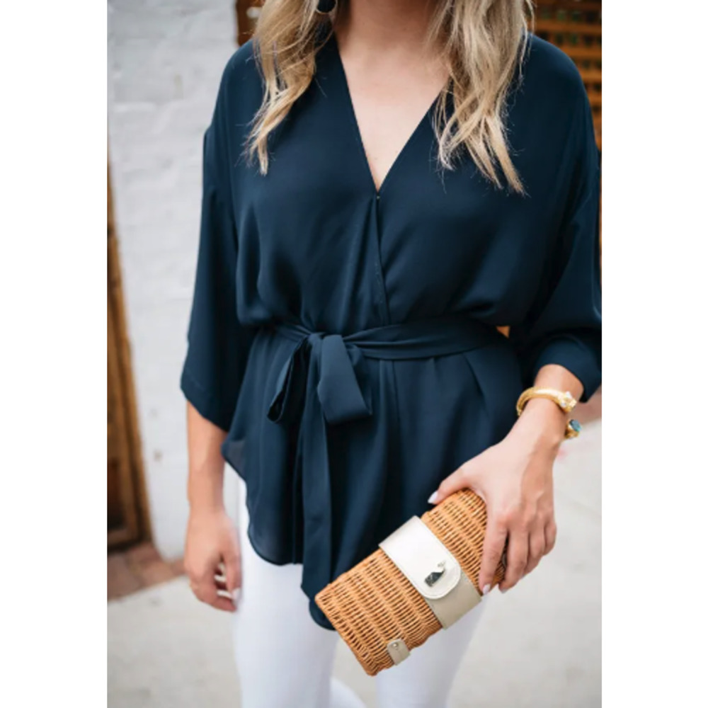 Trouve Navy Wrap Blouse with Tie Waist